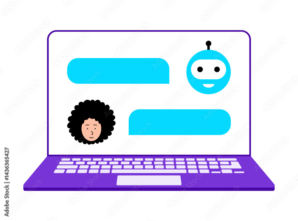 Poster modern chatbot interaction on a laptop screen with diverse characters