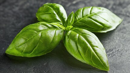 Obraz premium A fresh basil leaf with a glossy surface.