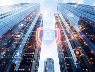 Obraz premium Futuristic cybersecurity shield and tech network interface on modern skyscrapers background, concept of secure digital infrastructure and data protection, Ai generative