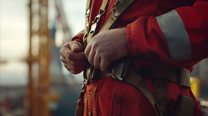 Worker in Red Coveralls Adjusting Safety Harness