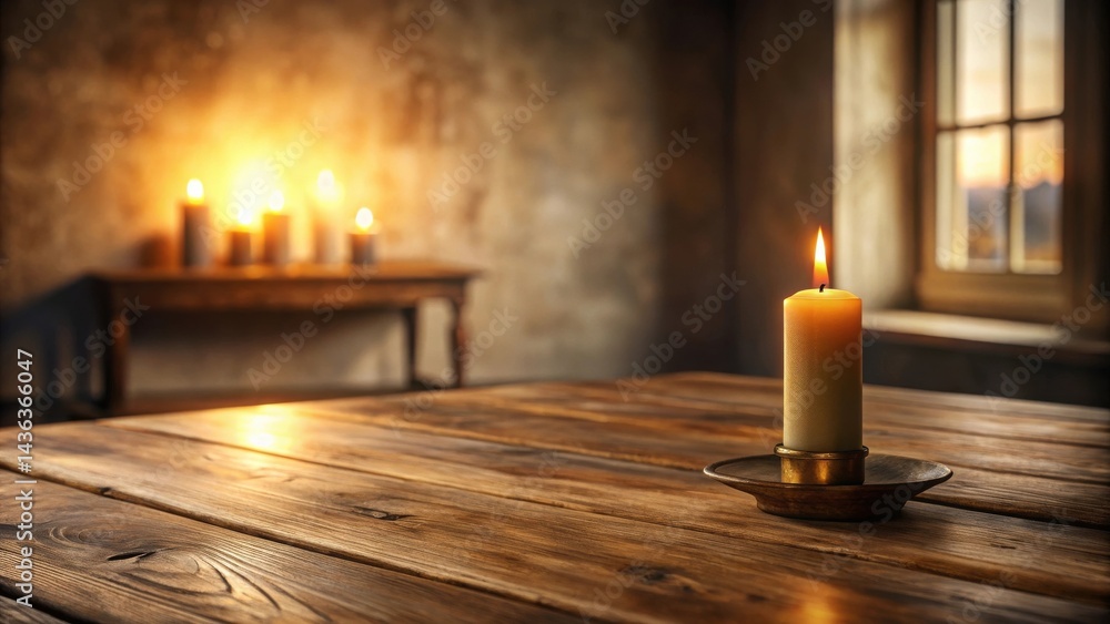 Poster A single burning candle on rustic wooden table with blurred background of more candles on a side table and a window view