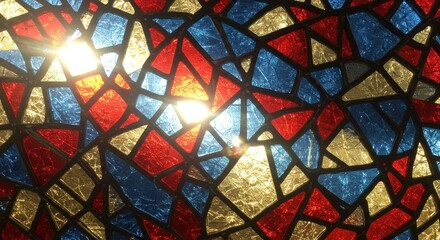 Sunlit stained glass dazzles with vibrant color and fractured beauty