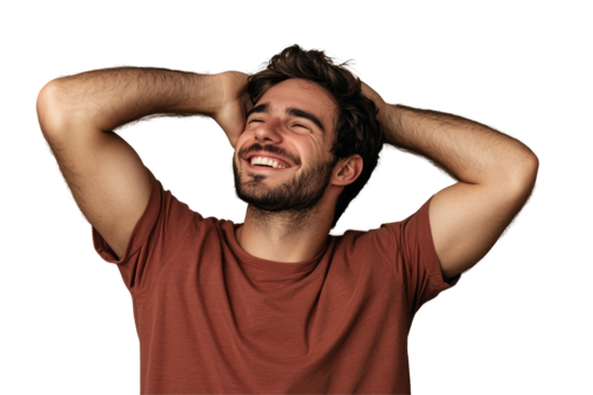 White background highlights joyful and confident man showing success style and personal happiness