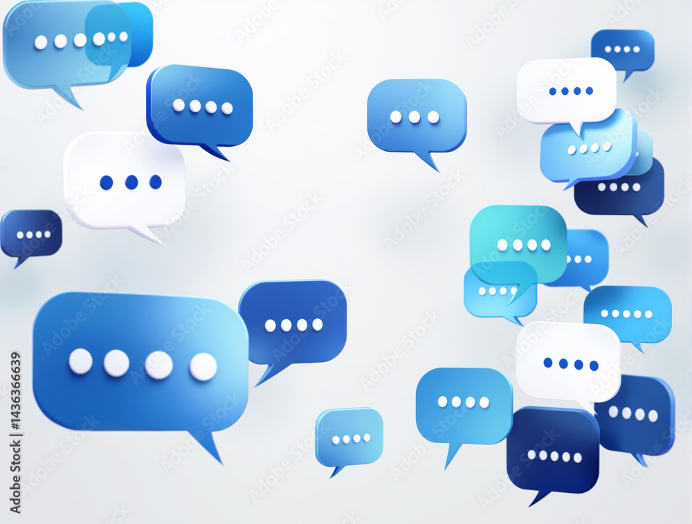Poster multiple blue and white chat bubbles with ellipses floating on a soft light background, symbolizing 