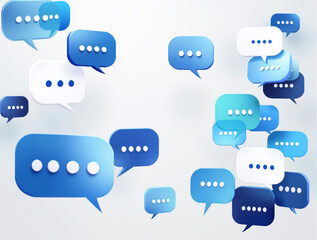 Obraz premium Multiple blue and white chat bubbles with ellipses floating on a soft light background, symbolizing tech communication and social media messaging. Ai generative