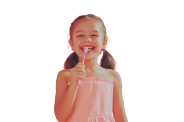 Smiling kid with toothbrush in hand shows fun morning routine on crisp white background