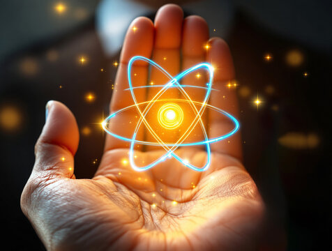 Human hand holding a glowing atom model with dynamic sparks, realistic style, dark blurred background, concept of science and technology innovation. Ai generative