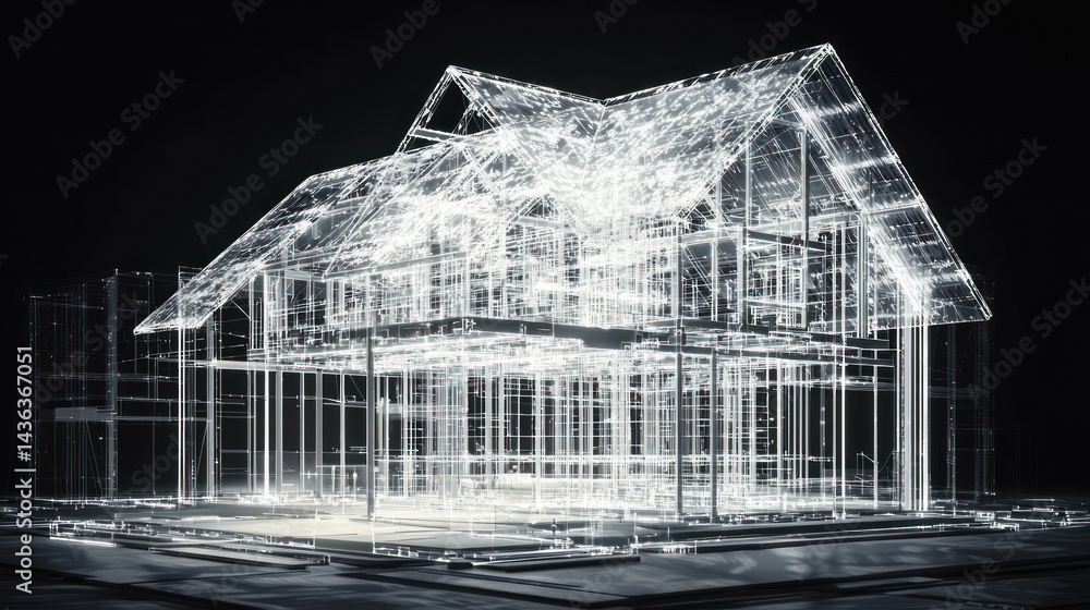 Poster a futuristic 3d rendering of a house frame with digital elements.