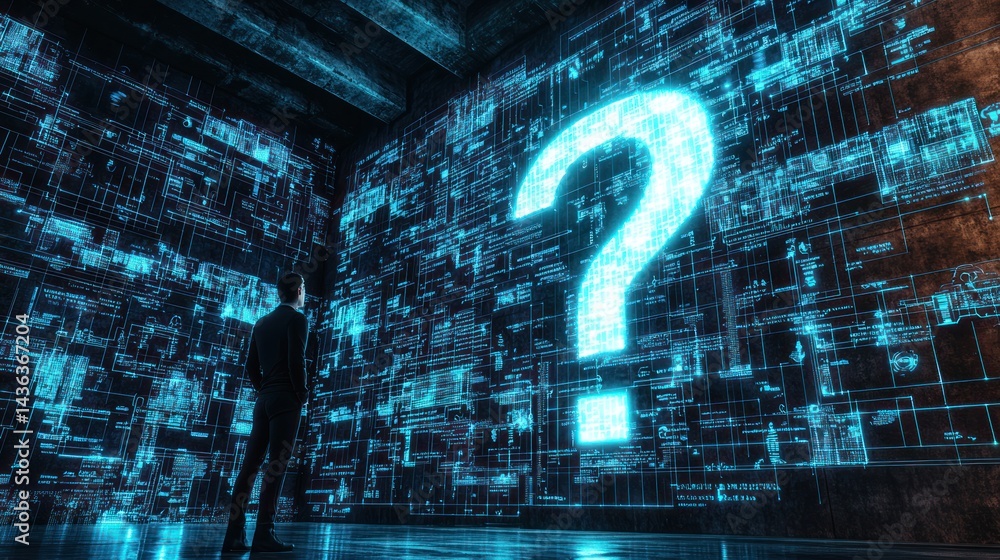 Poster a futuristic ai screen displaying a giant digital question mark