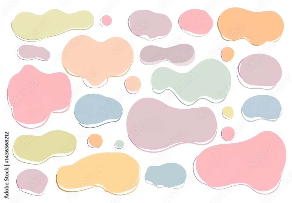 Poster a set of pastel-colored cloud shapes, each with its own unique shape and size, arranged in an