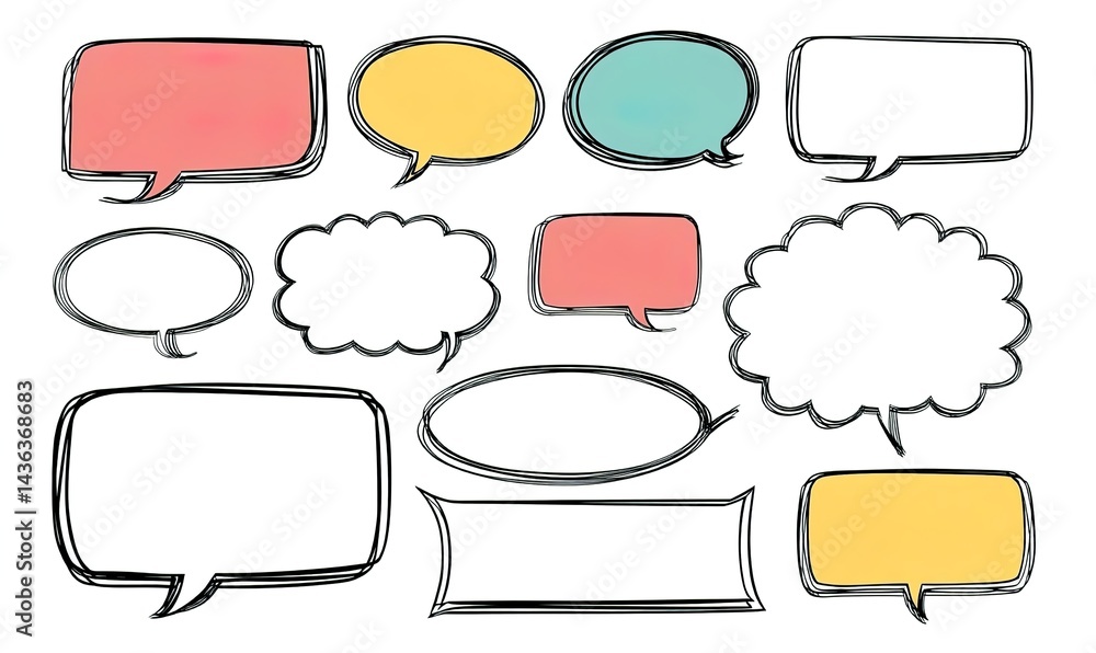 Poster a set of speech bubbles in various shapes, simple vector line art style, white background, simple