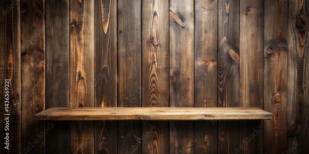 Aufkleber rustic wooden shelf display against a dark wood panel background, ideal for product presentation or 
