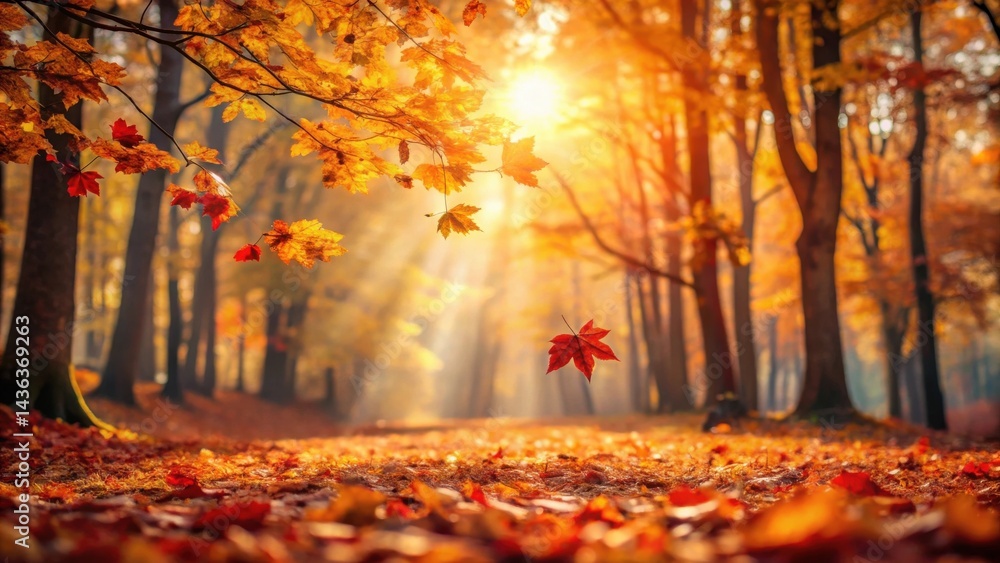 Poster autumnal sunlight illuminates a forest path carpeted with vibrant fallen leaves, creating a serene a
