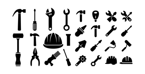 Essential Construction and Repair Tool Icons: Versatile Vector Set for DIY Projects and Professional Use