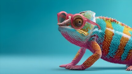 Chameleon With Eyeglasses: An eye-catching photo of a chameleon sporting stylish eyeglasses, demonstrating adaptation and versatility in nature, against a vibrant backdrop.