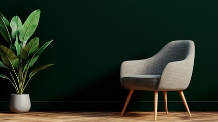 Minimalist living space showcasing an armchair and potted plant against a dark green wall, inspiring tranquility.