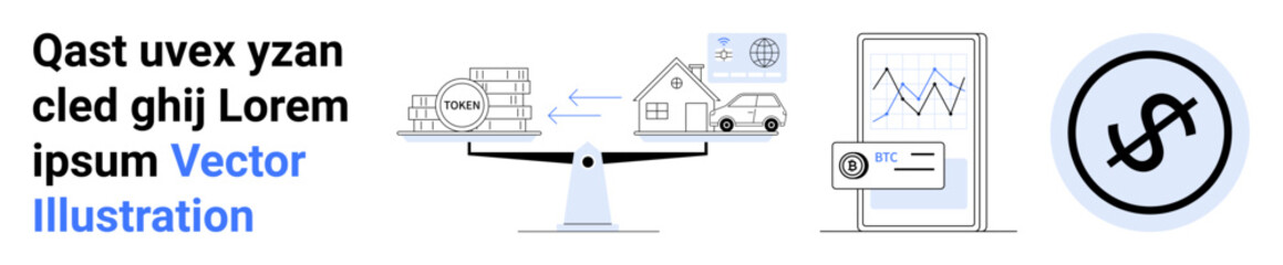 Scales balancing real estate versus savings, data charts, smartphone payment, and financial dollar icon. Ideal for finance, investment, decisions, digital economy, budgeting analysis simple landing