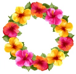 Obraz premium A vibrant hibiscus flower wreath with bright pink, yellow, and orange petals arranged in an open