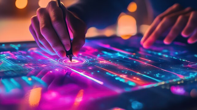 Neon digital design interface being manipulated - Powered by Adobe