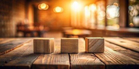 Three Wooden Cubes Resting on Rustic Wooden Table in Warmly Lit Interior