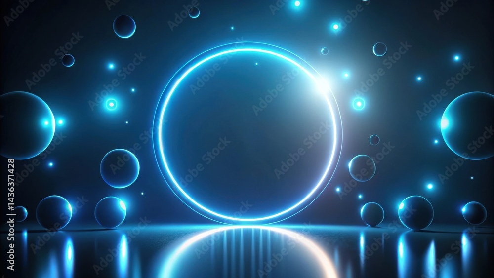 Poster abstract futuristic glowing circle background with illuminated spheres and reflective surface