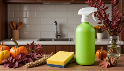 Fototapeta premium Minimalistic cleaning supplies on wooden countertop, Thanksgiving decor