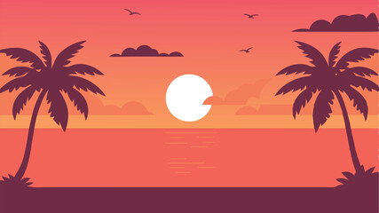 Tropical beach scene with palm trees and sea, featuring a sunset sky filled with soft clouds over a summer resort.