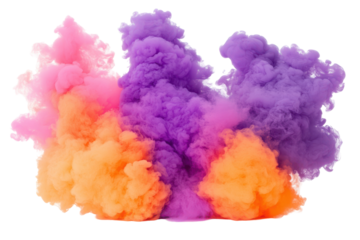 Smoke bombs in pink, purple, and orange isolated on white background create a striking visual display