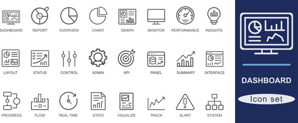 Dashboard icon set. Featuring report, graph, KPI, stats, chart, system, and monitoring visuals. Perfect for data analytics, admin panels, performance tracking, and UI dashboard designs.
