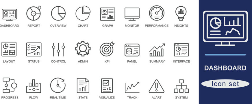 Dashboard icon set. Featuring report, graph, KPI, stats, chart, system, and monitoring visuals. Perfect for data analytics, admin panels, performance tracking, and UI dashboard designs.
