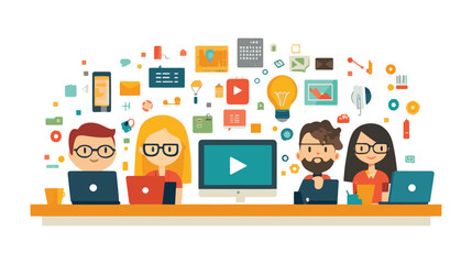 vector business man and woman working on laptop