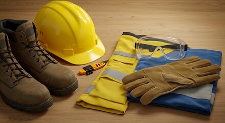 Construction Safety Gear Displayed on Wooden Surface