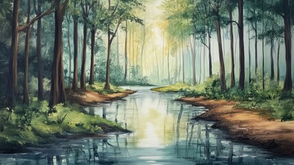 Obraz premium Serene riverside forest painted in soft light, evoking a sense of peace and tranquility
