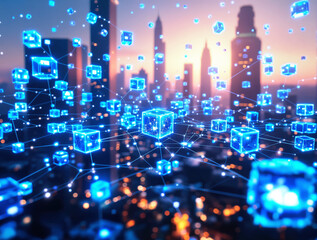Obraz premium Glowing blue cubes interlinked by lines represent a blockchain tech network over a blurred cityscape at sunset, symbolizing futuristic digital connections. Ai generative
