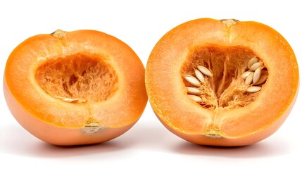 Fresh Orange Melon Cut in Half on White Isolated Background