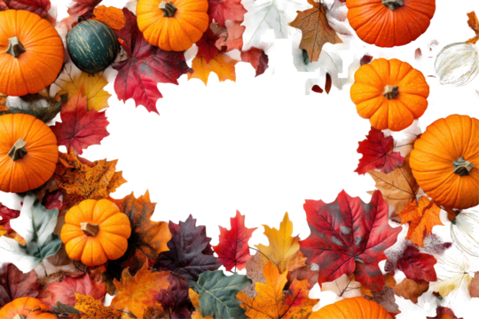 Picture border frame with pumpkins and autumn leaves highlights the warmth and beauty of fall