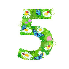 number symbol 5 with clover leaves and flowers, butterflies. ladybugs. trefoils figure number five