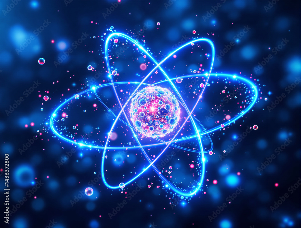 Poster glowing atomic structure with neon blue energy fields and small colorful particles, futuristic tech 