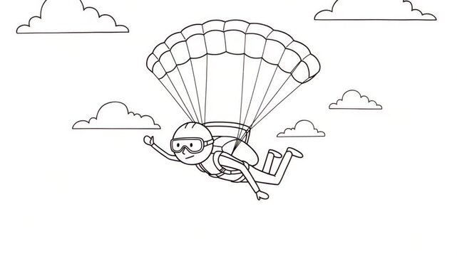animation of a line figure character doing parachuting