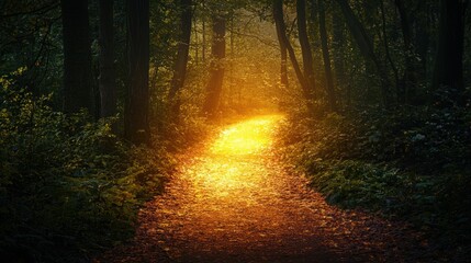 A glowing path leading through a mysterious forest