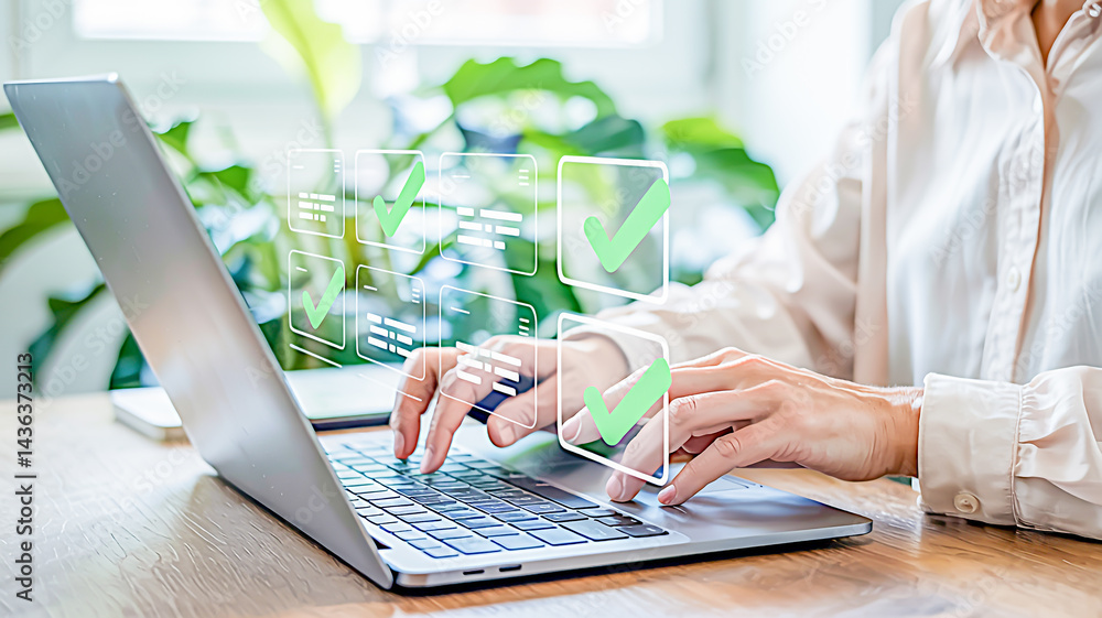 Poster hands typing on macbook with floating digital checkmarks in modern green workspace