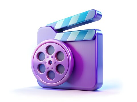 3D Movie Clapperboard and Film Reel Icon &ndash; Purple and Blue Cinema Production Symbol Representing Filmmaking, Video Editing, and Entertainment Industry.