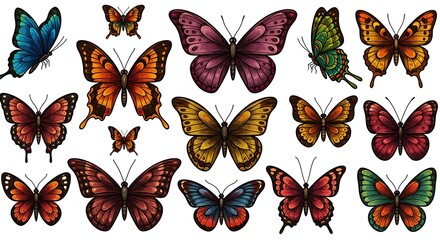 Naklejka premium Colorful Butterfly Illustrations Variety of Wing Patterns
