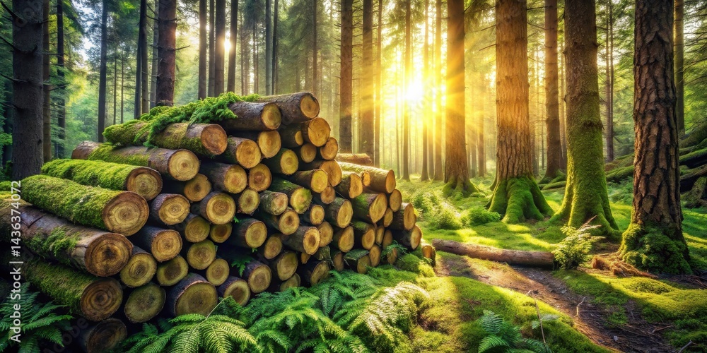Poster sunlit forest with stack of mossy logs