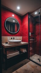 Stylish bathroom interior featuring a round mirror, vessel sink, fresh towels, and glass shower enclosure with vibrant red marble tiles