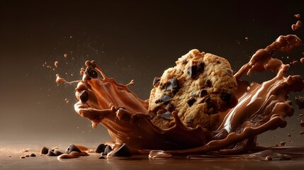 Fototapeta premium Cookie's Chocolate Splash: A single, delectable cookie takes a dive into a luscious swirl of chocolate, evoking a moment of pure delight. Capturing the textures of the treat and chocolate. 