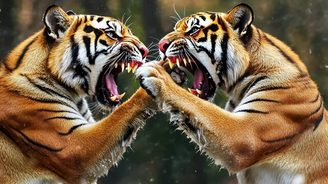 Two sumatran tigers are fighting each other showing teeth and claws, surrounded by snowflakes