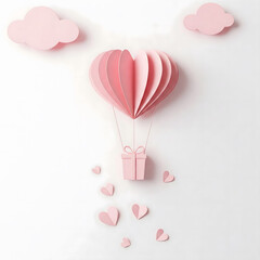 Fototapeta premium A paper-crafted pink heart balloon carries a gift, releasing small hearts under paper clouds. Generative AI.