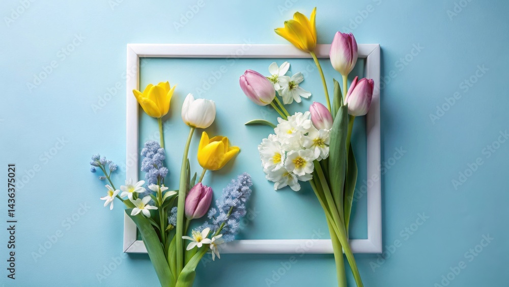 Poster a delicate arrangement of spring blossoms within a simple white frame on a light blue background
