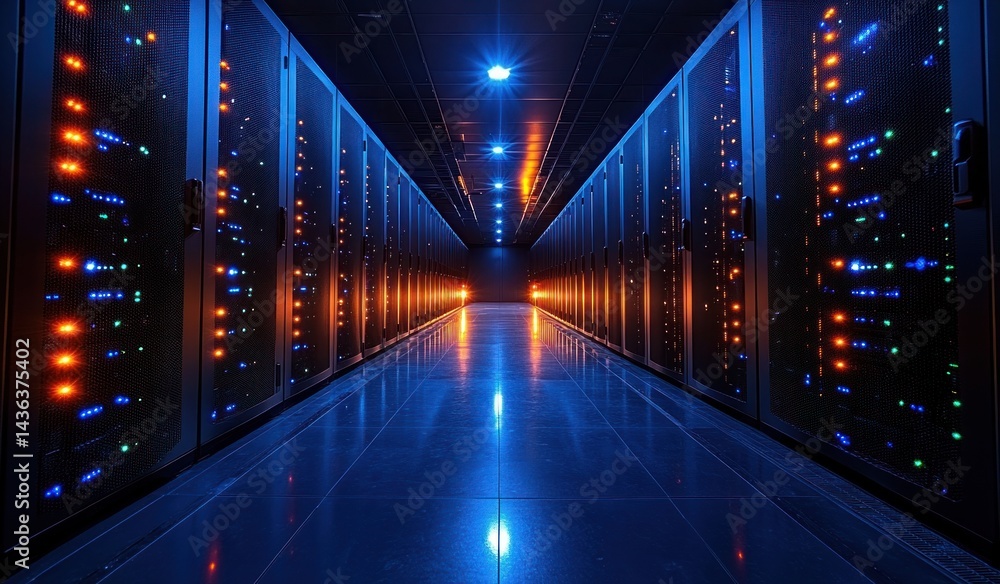 Poster intricate server rack array illuminated with vibrant lights.